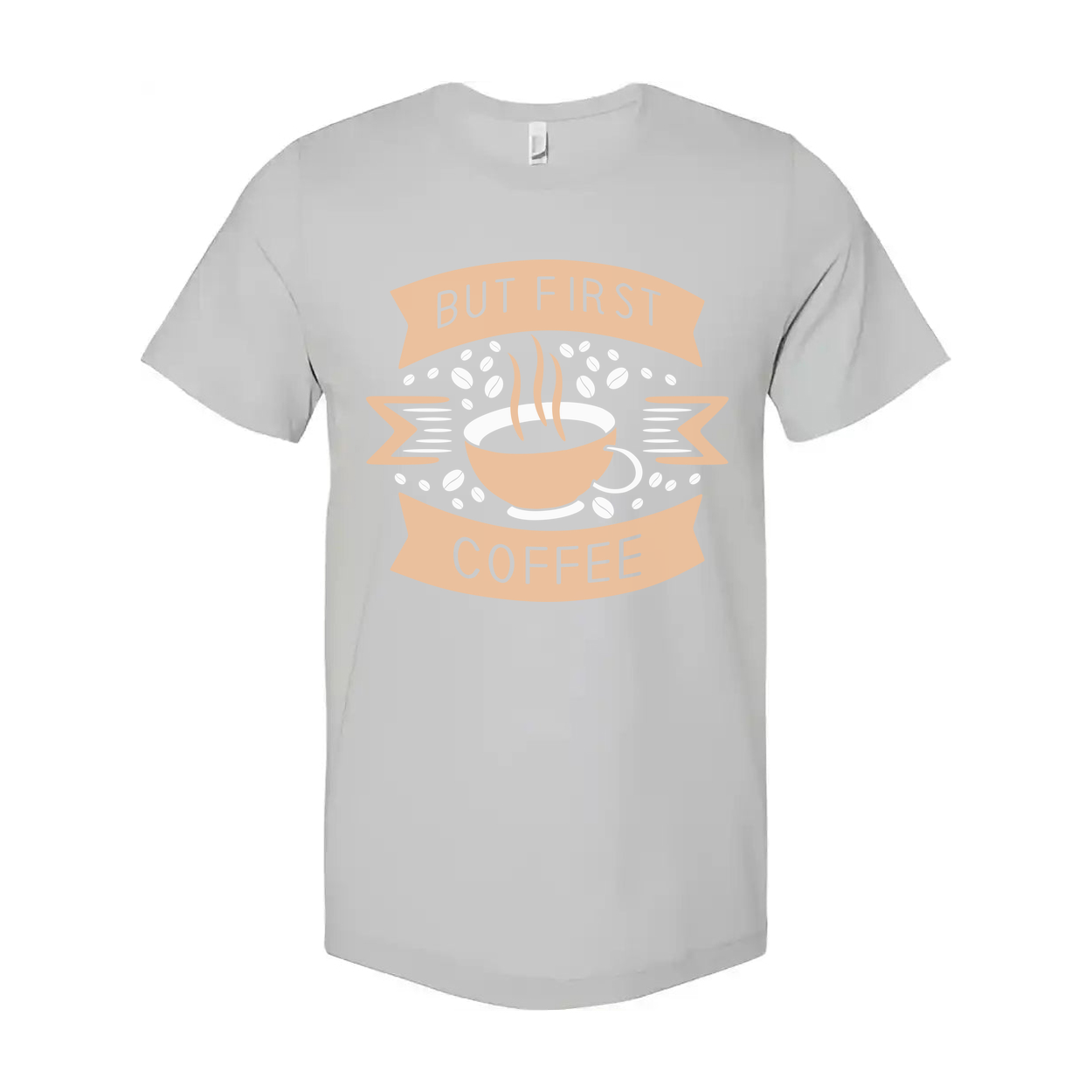 Unisex Coffee Graphic T Shirt Featuring But First Coffee Banner And Steaming Cup Design