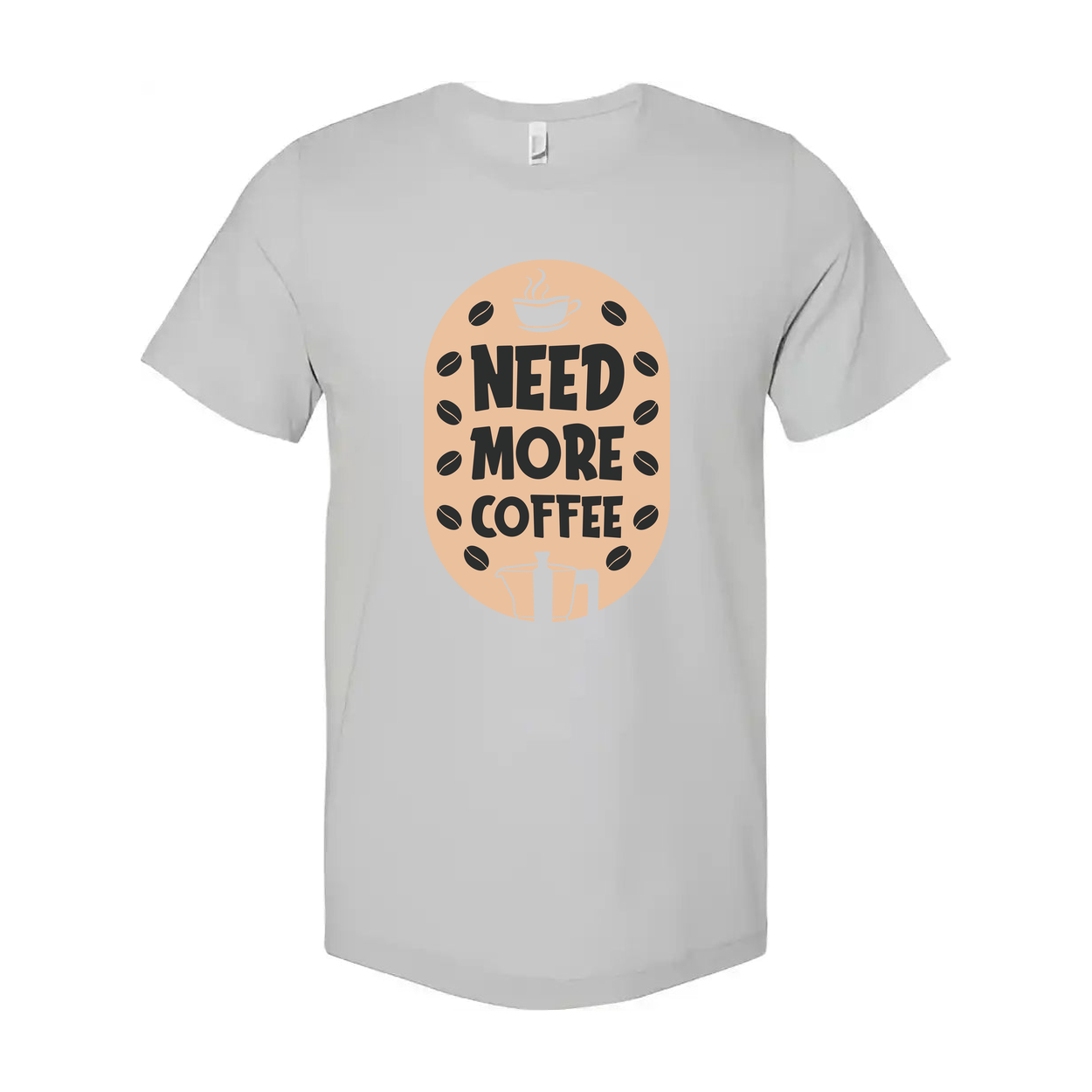 Need More Coffee Unisex Graphic Tee Featuring Coffee Cup Motif And Bean Embellishments