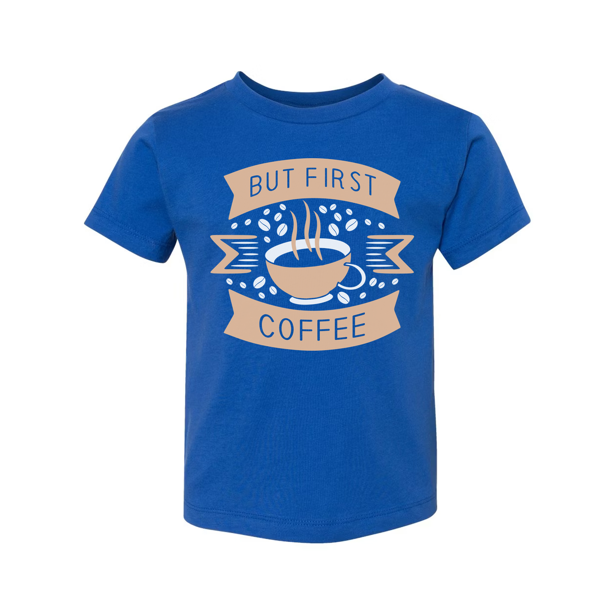 Unisex Coffee Graphic T Shirt Featuring But First Coffee Banner And Steaming Cup Design