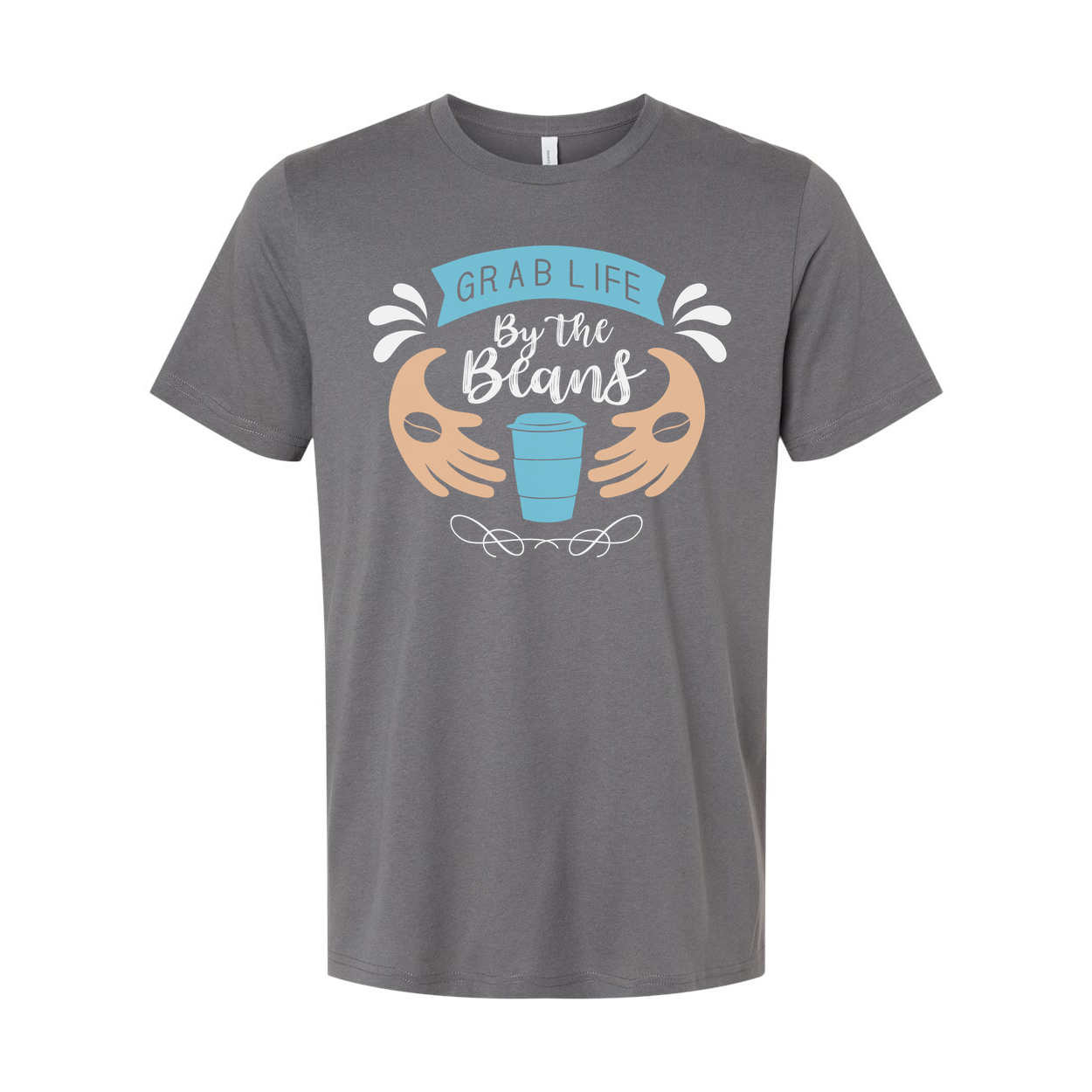 Unisex Coffee Theme Tee Featuring Grab Life By The Beans Illustration With Cup Motif