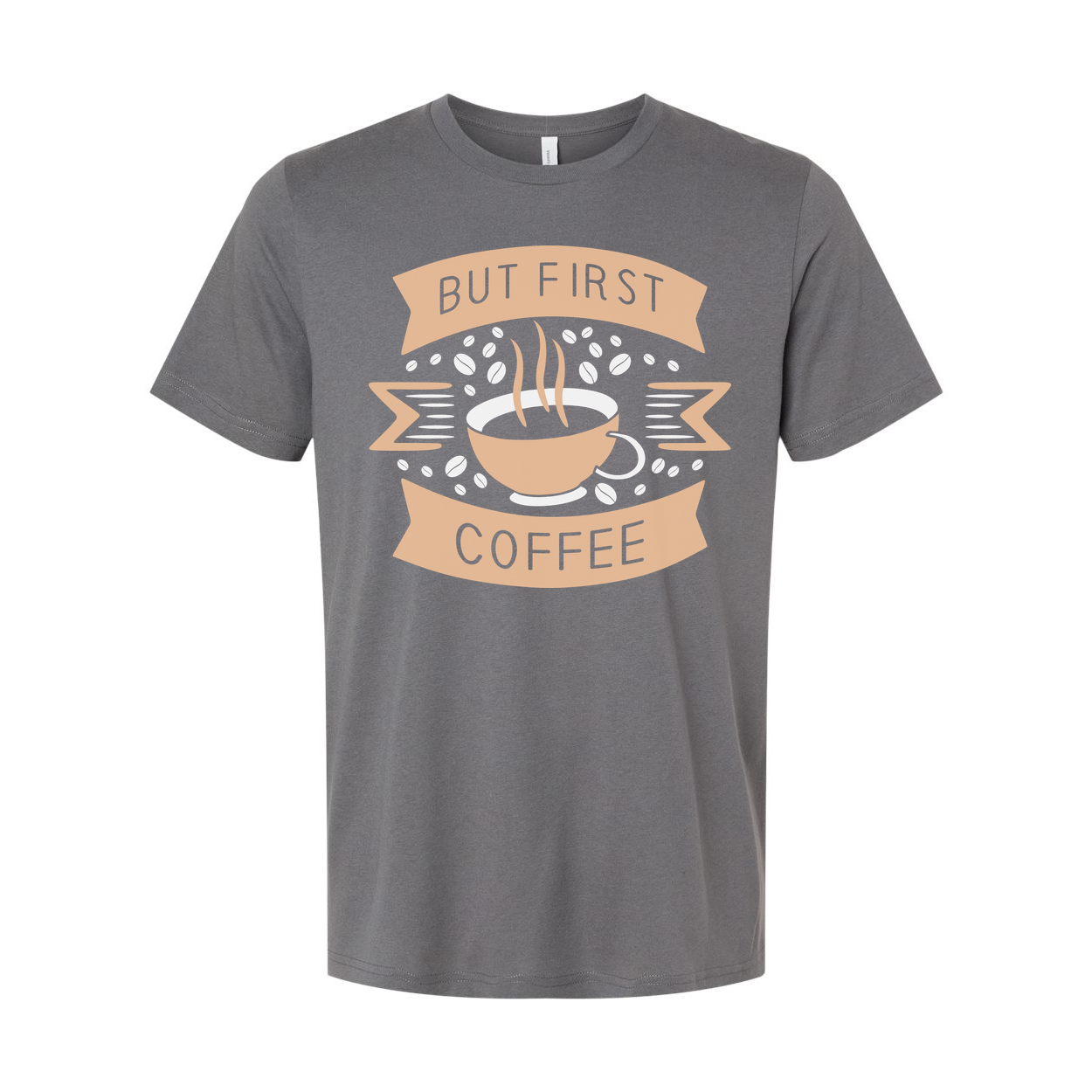 Unisex Coffee Graphic T Shirt Featuring But First Coffee Banner And Steaming Cup Design