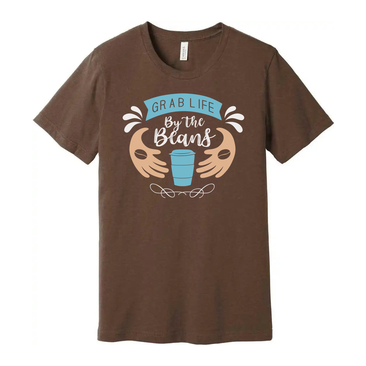 Unisex Coffee Theme Tee Featuring Grab Life By The Beans Illustration With Cup Motif