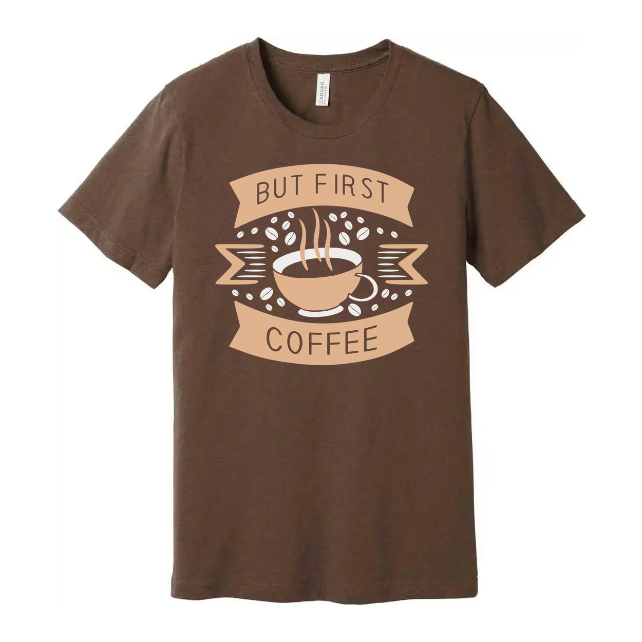 Unisex Coffee Graphic T Shirt Featuring But First Coffee Banner And Steaming Cup Design