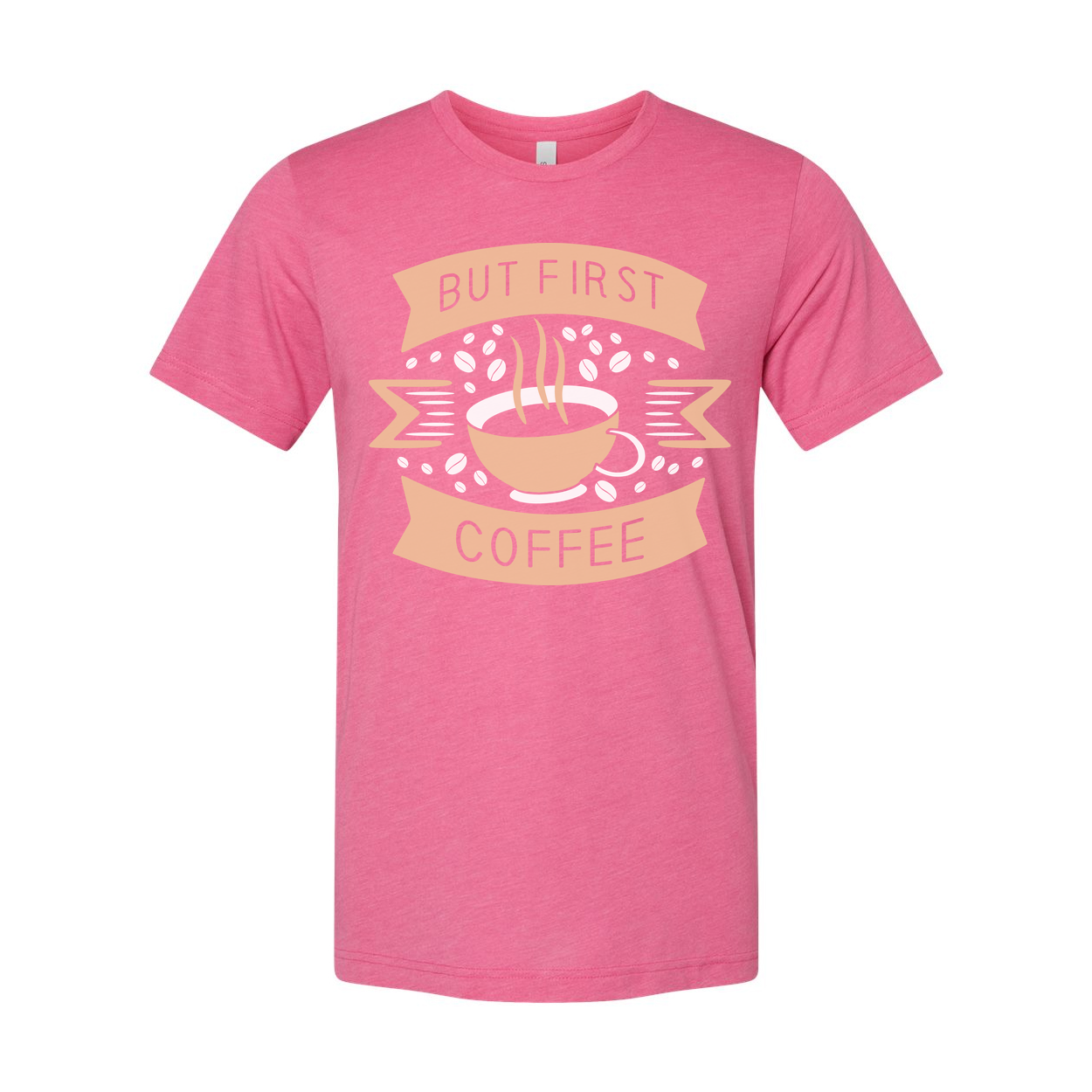 Unisex Coffee Graphic T Shirt Featuring But First Coffee Banner And Steaming Cup Design