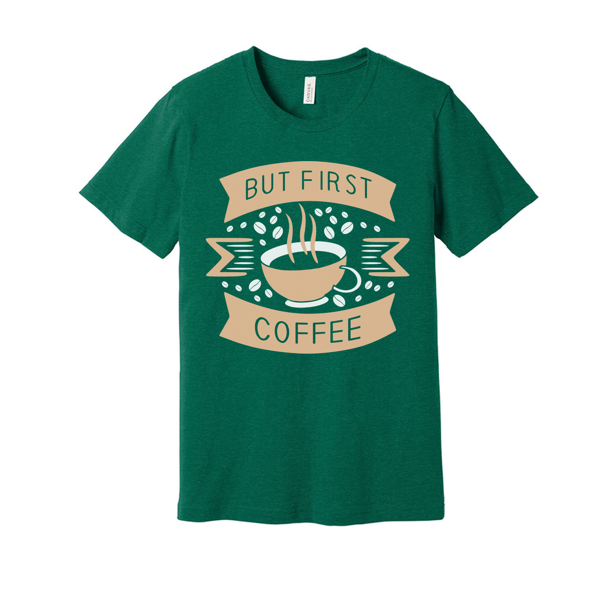 Unisex Coffee Graphic T Shirt Featuring But First Coffee Banner And Steaming Cup Design