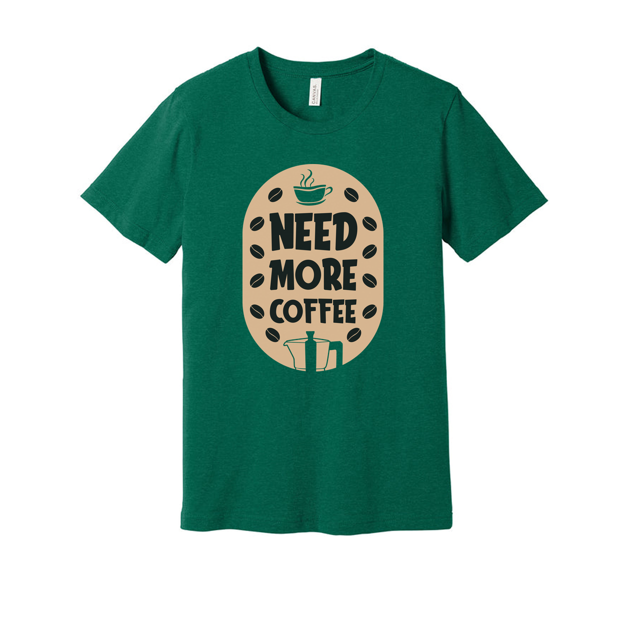Need More Coffee Unisex Graphic Tee Featuring Coffee Cup Motif And Bean Embellishments