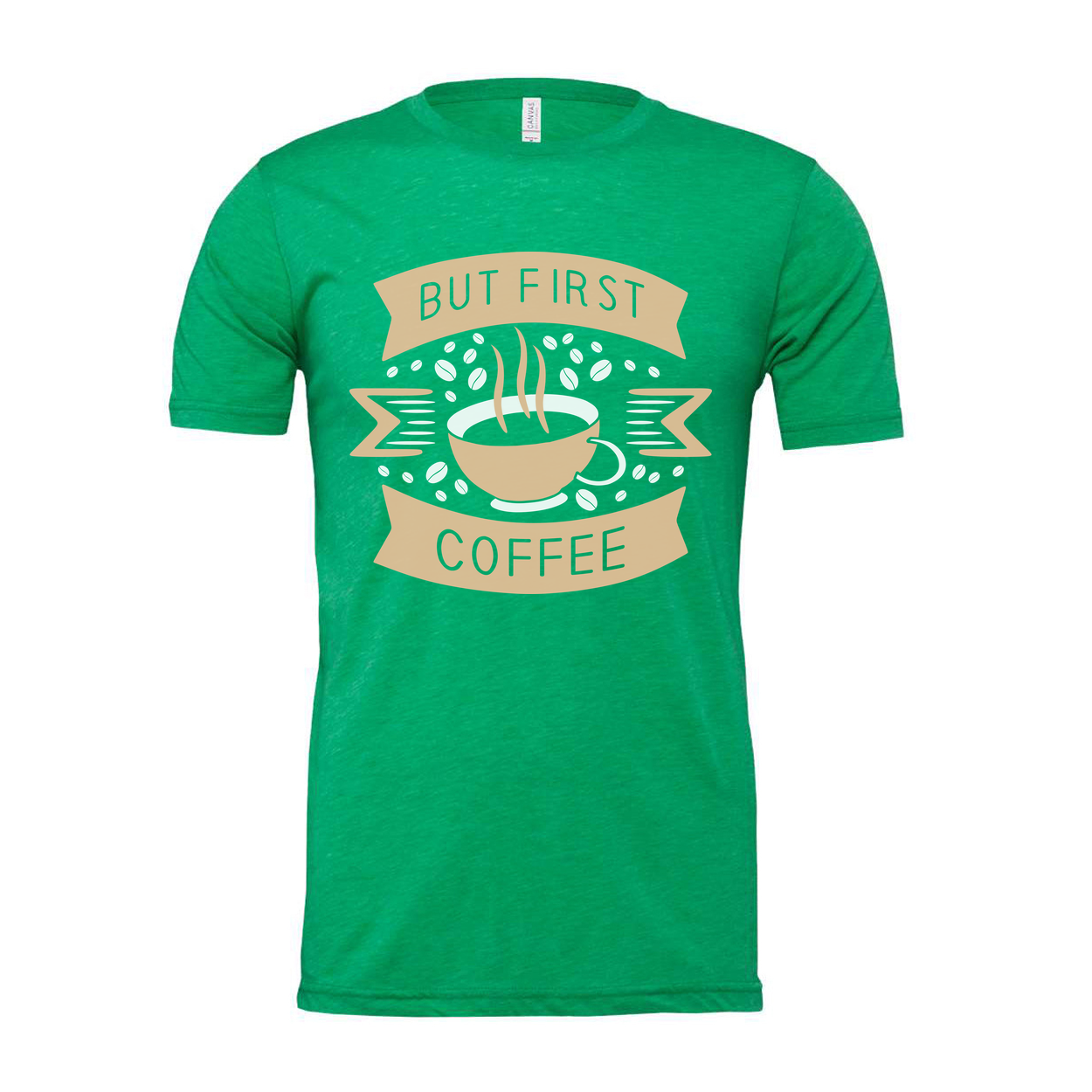 Unisex Coffee Graphic T Shirt Featuring But First Coffee Banner And Steaming Cup Design