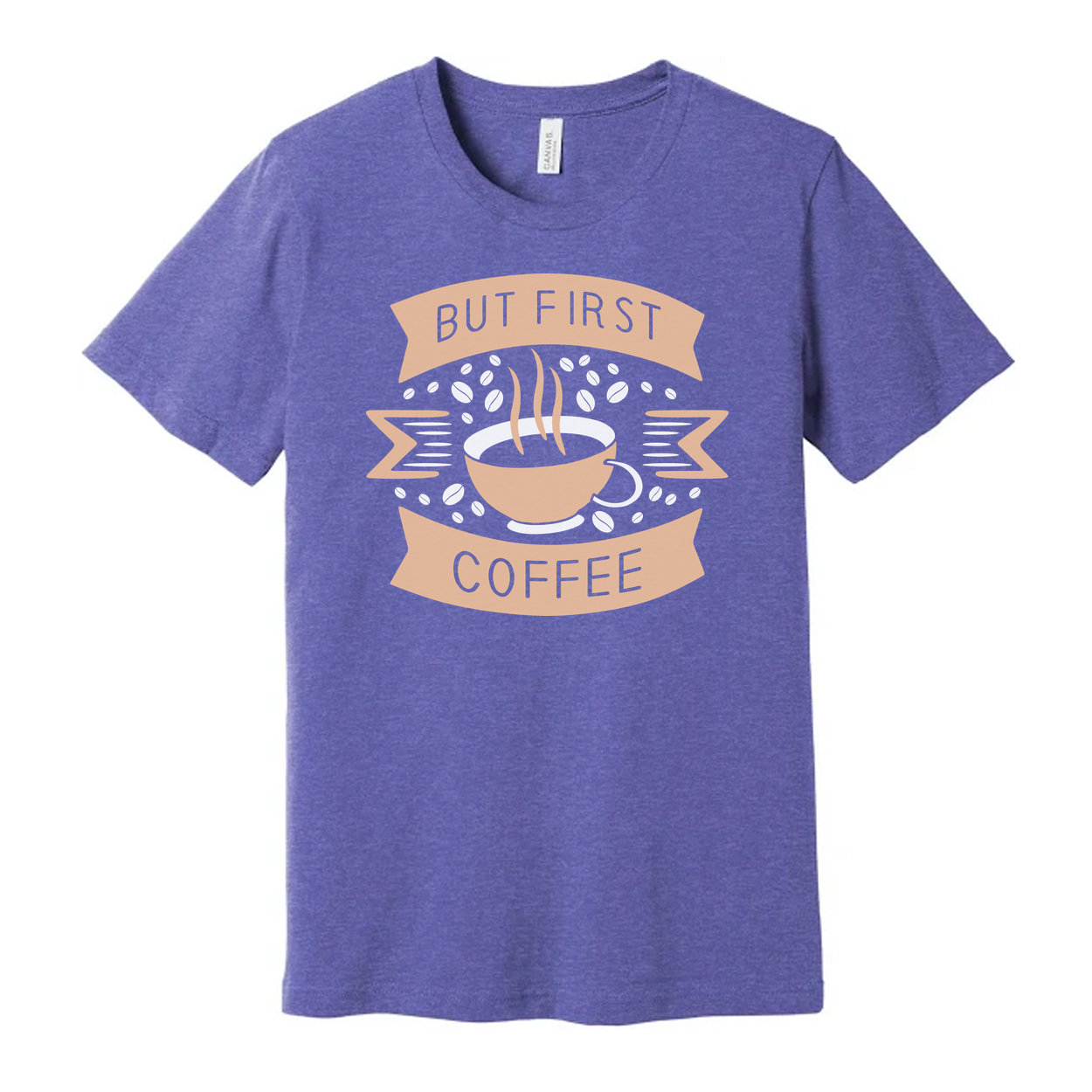 Unisex Coffee Graphic T Shirt Featuring But First Coffee Banner And Steaming Cup Design