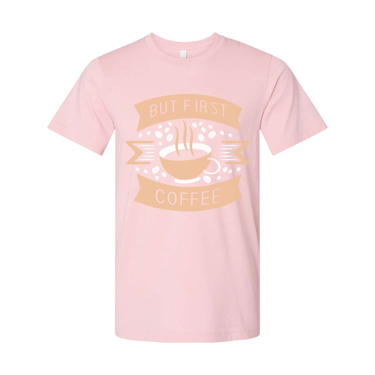 Unisex Coffee Graphic T Shirt Featuring But First Coffee Banner And Steaming Cup Design