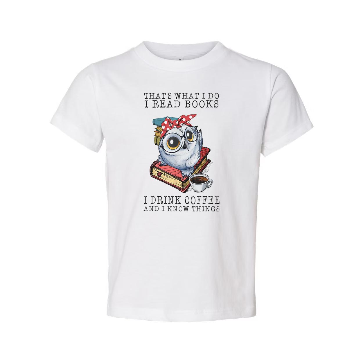 Unisex Graphic Tee With Owl Reading Books And Coffee Quote Design For Book Lovers