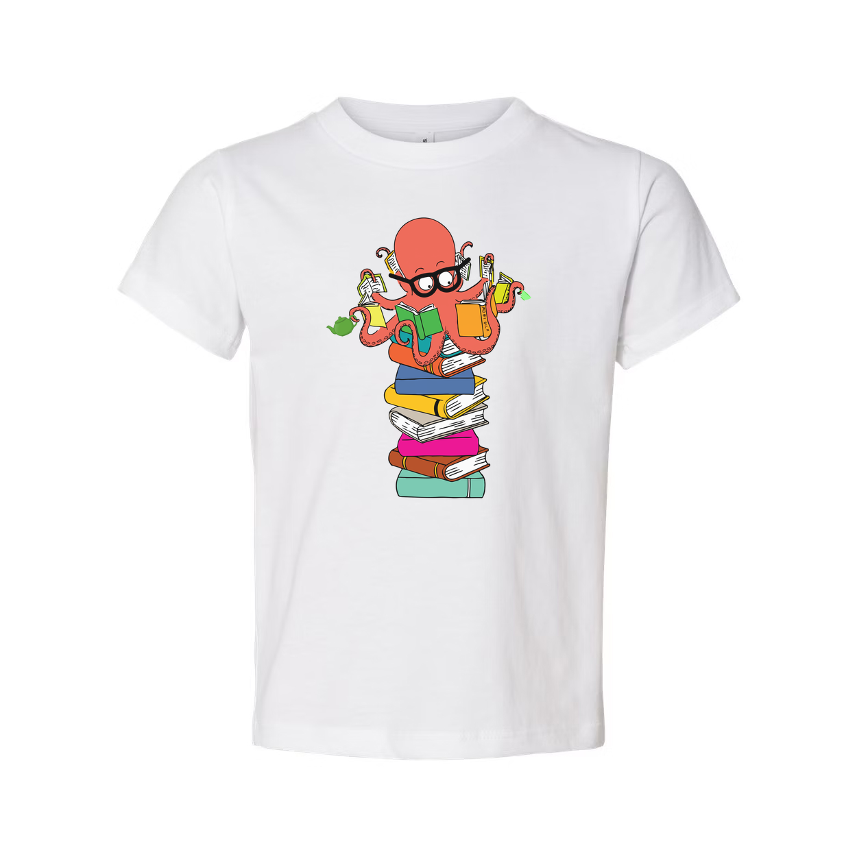 Unisex Graphic T Shirt Featuring a Colorful Octopus Reading a Tower of Books for Book Lovers