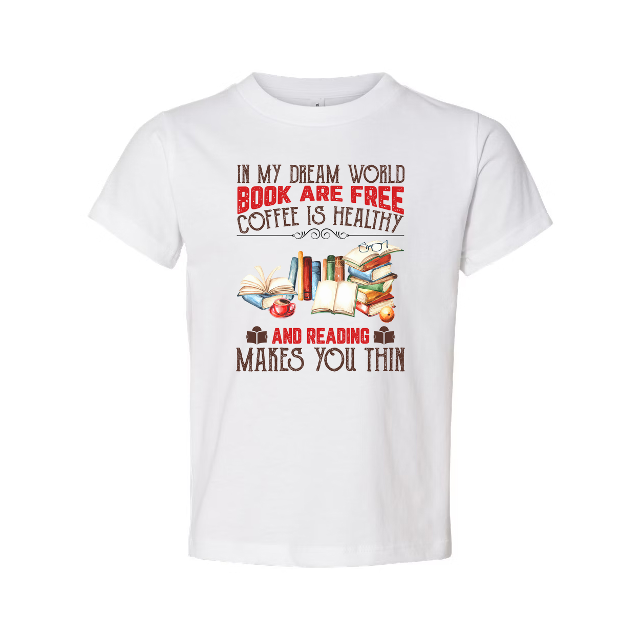 Unisex Graphic T Shirt With Books And Coffee Theme Quote About Reading Makes You Thin