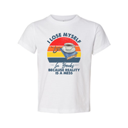 I Lose Myself In Books Graphic Tee Unisex With Coffee Cup Stacked Books And Retro Rainbow Sunset Background