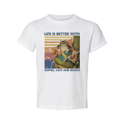 Life Is Better With Coffee Cats And Books Graphic Unisex Tee For Cat Lovers Who Love Reading