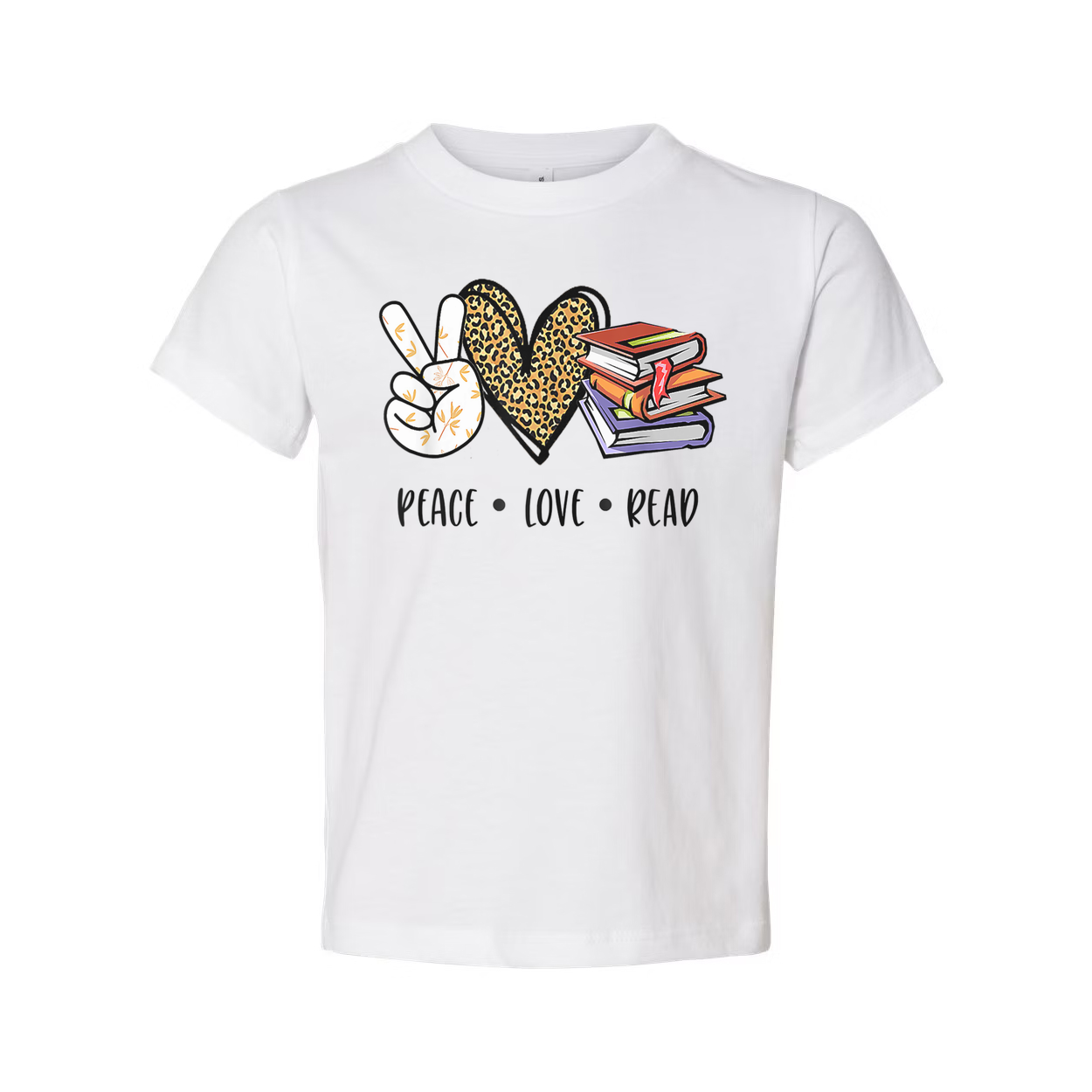 Unisex T Shirt With Peace Love Read Graphic Featuring Peace Sign Leopard Heart And Stack Of Books