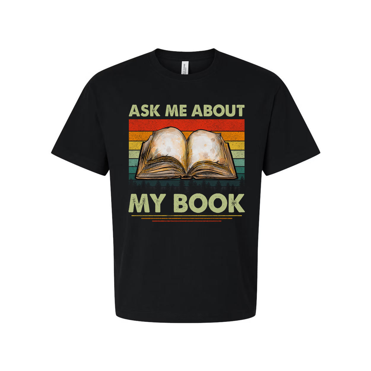Unisex Tee With Open Book Illustration And Retro Rainbow Stripes Featuring Ask Me About My Book