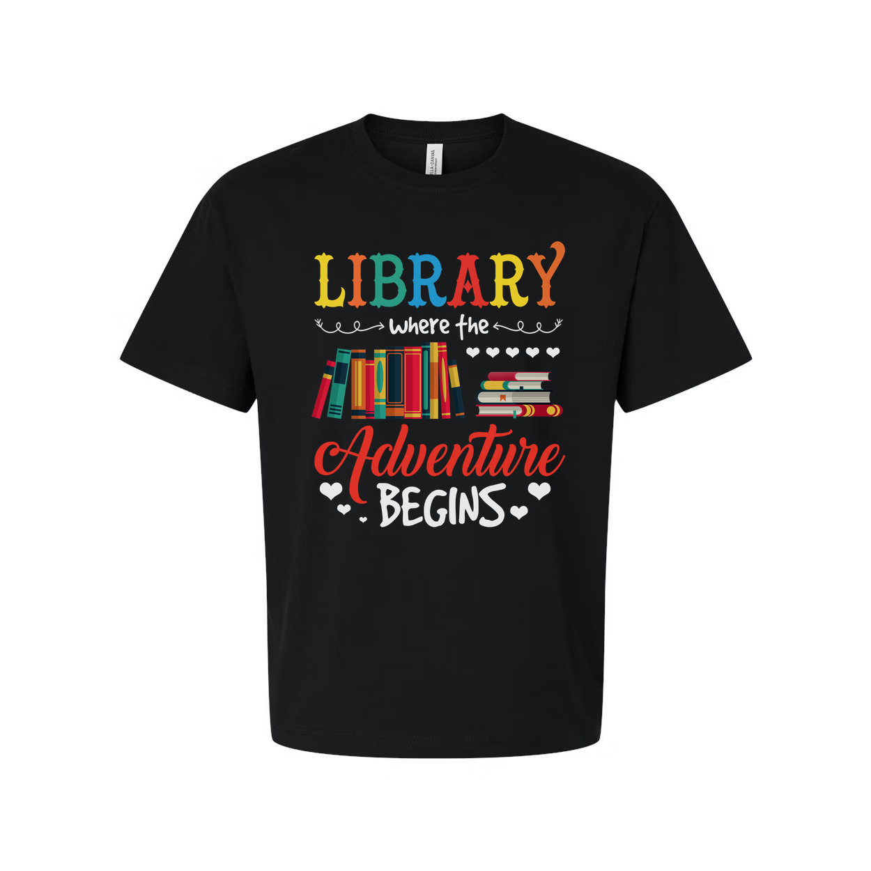 Unisex Library Adventure Graphic Tee With Colorful Books Stack And Hearts Design