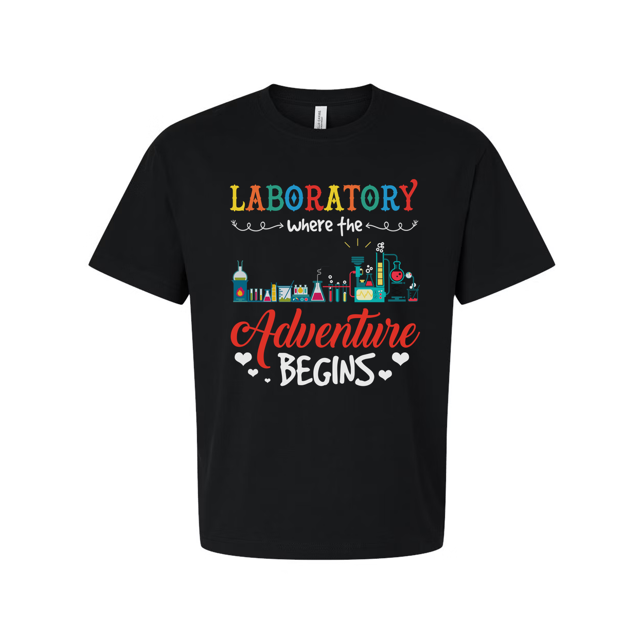 Laboratory Adventure Begins Graphic Tee For Unisex Fit With Colorful Lab Equipment Design