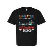 Laboratory Adventure Begins Graphic Tee For Unisex Fit With Colorful Lab Equipment Design