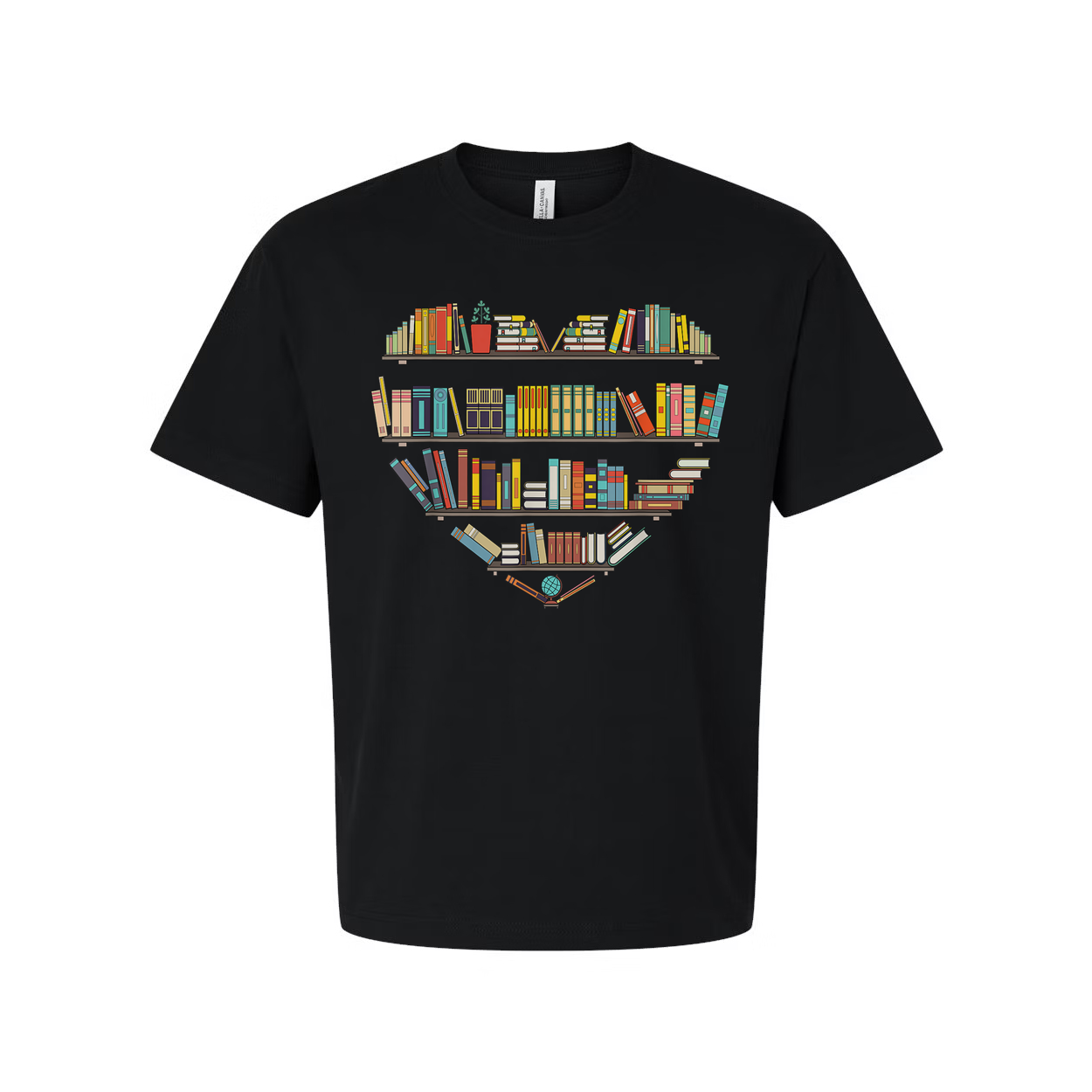 Unisex T Shirt With Heart Shaped Bookshelf Graphic For Book Lovers And Readers Worldwide