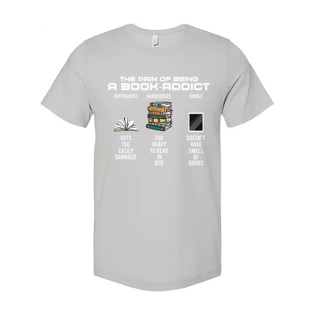 The Pain of Being a Book Addict Graphic Tee With Paperbacks, Hardcovers and Kindle Icons