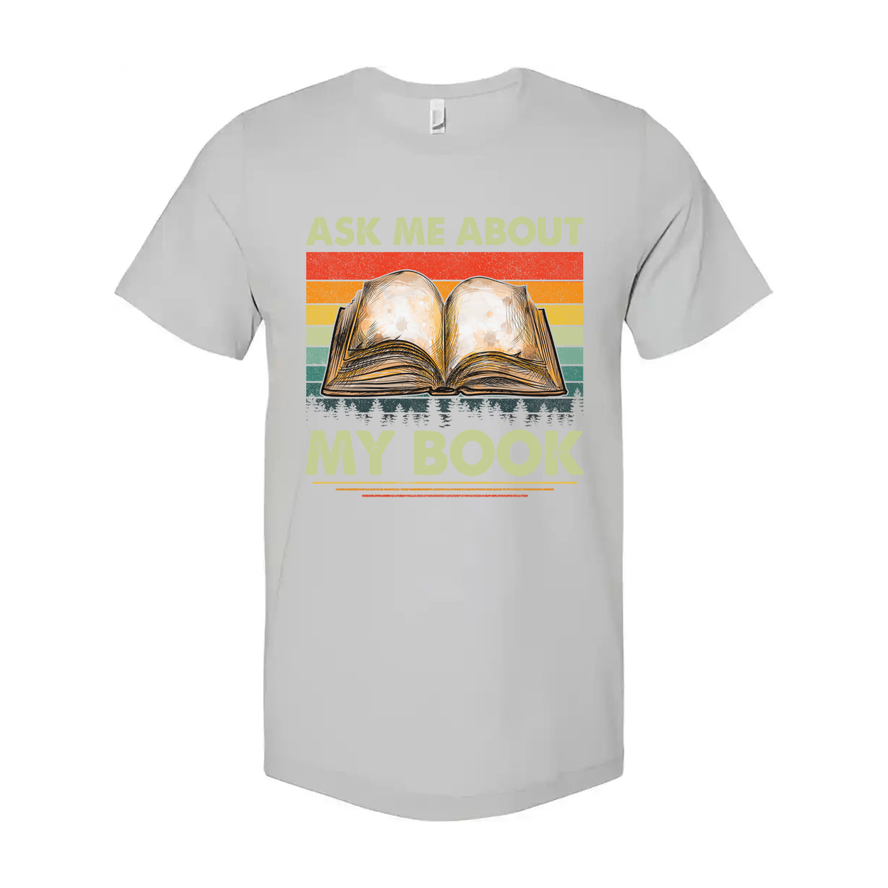 Unisex Tee With Open Book Illustration And Retro Rainbow Stripes Featuring Ask Me About My Book