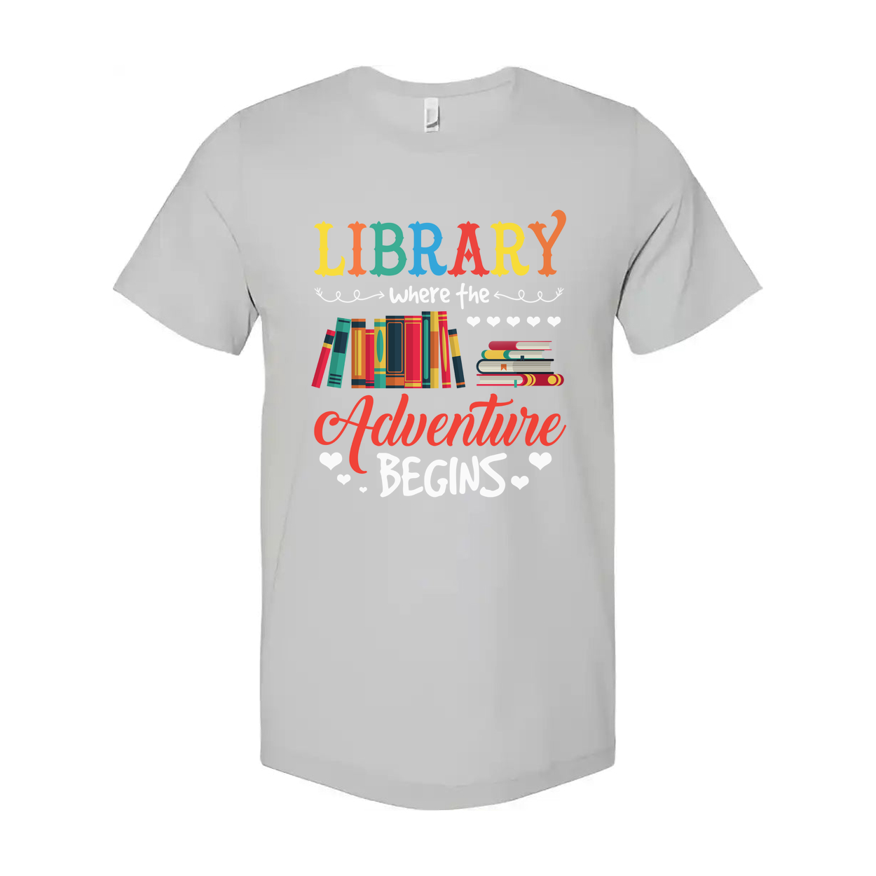 Unisex Library Adventure Graphic Tee With Colorful Books Stack And Hearts Design