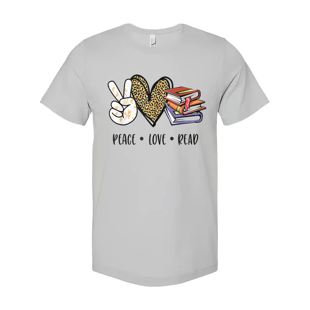 Unisex T Shirt With Peace Love Read Graphic Featuring Peace Sign Leopard Heart And Stack Of Books