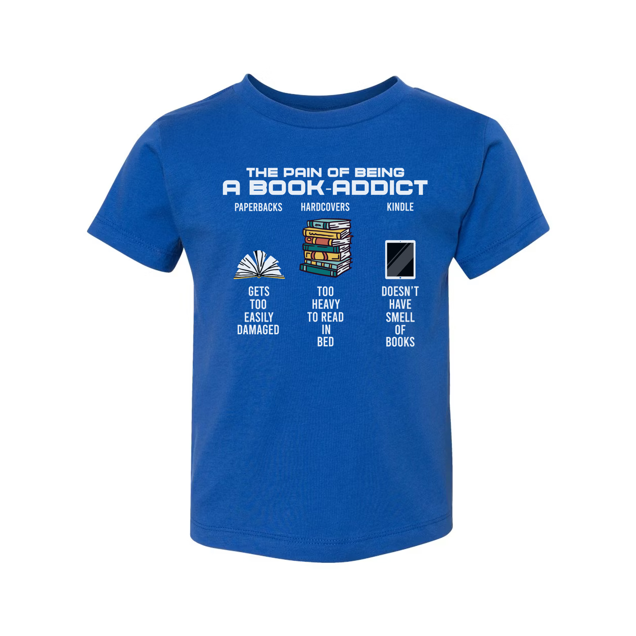 The Pain of Being a Book Addict Graphic Tee With Paperbacks, Hardcovers and Kindle Icons
