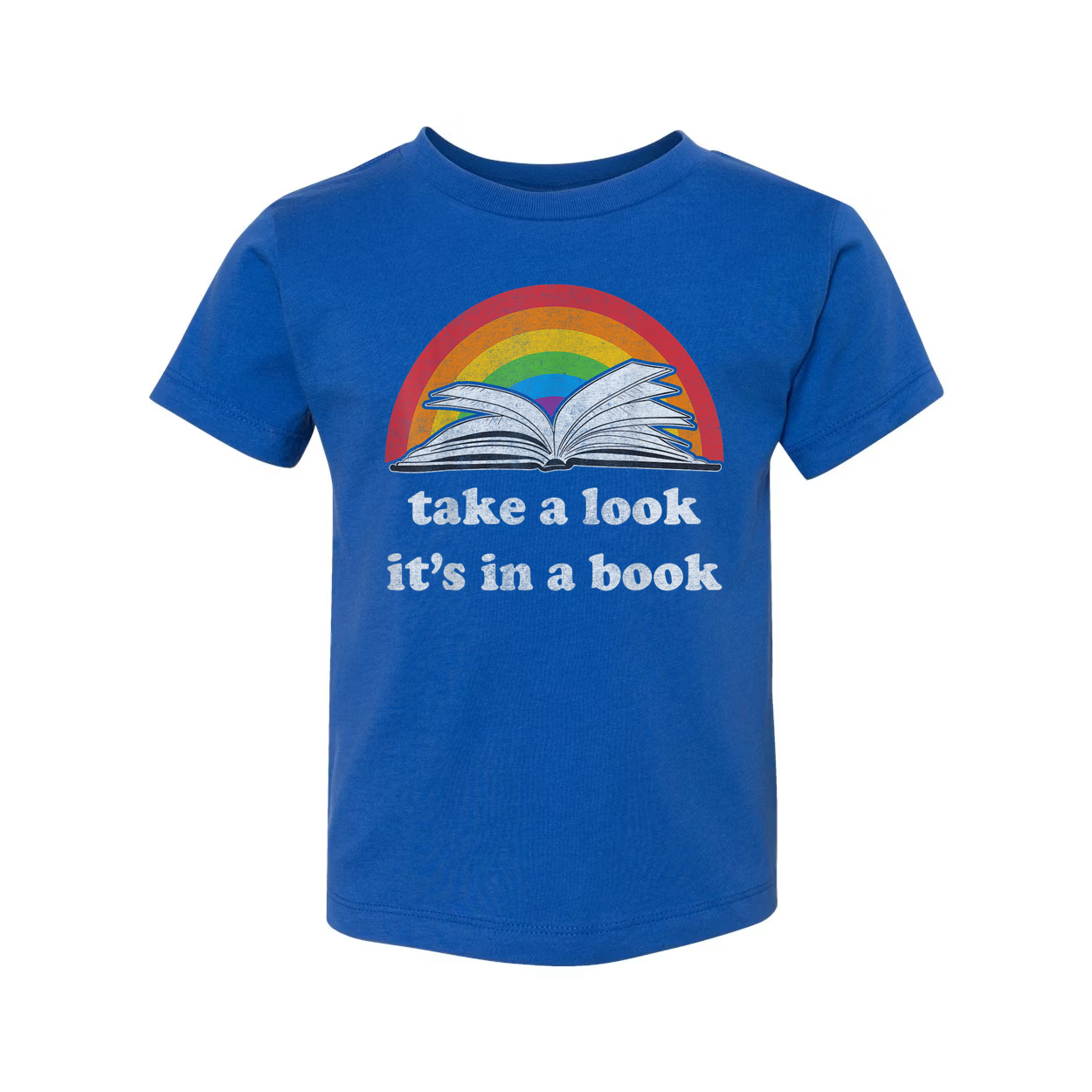 Unisex T Shirt With Rainbow Arc And Open Book Graphic And Take A Look It's In A Book
