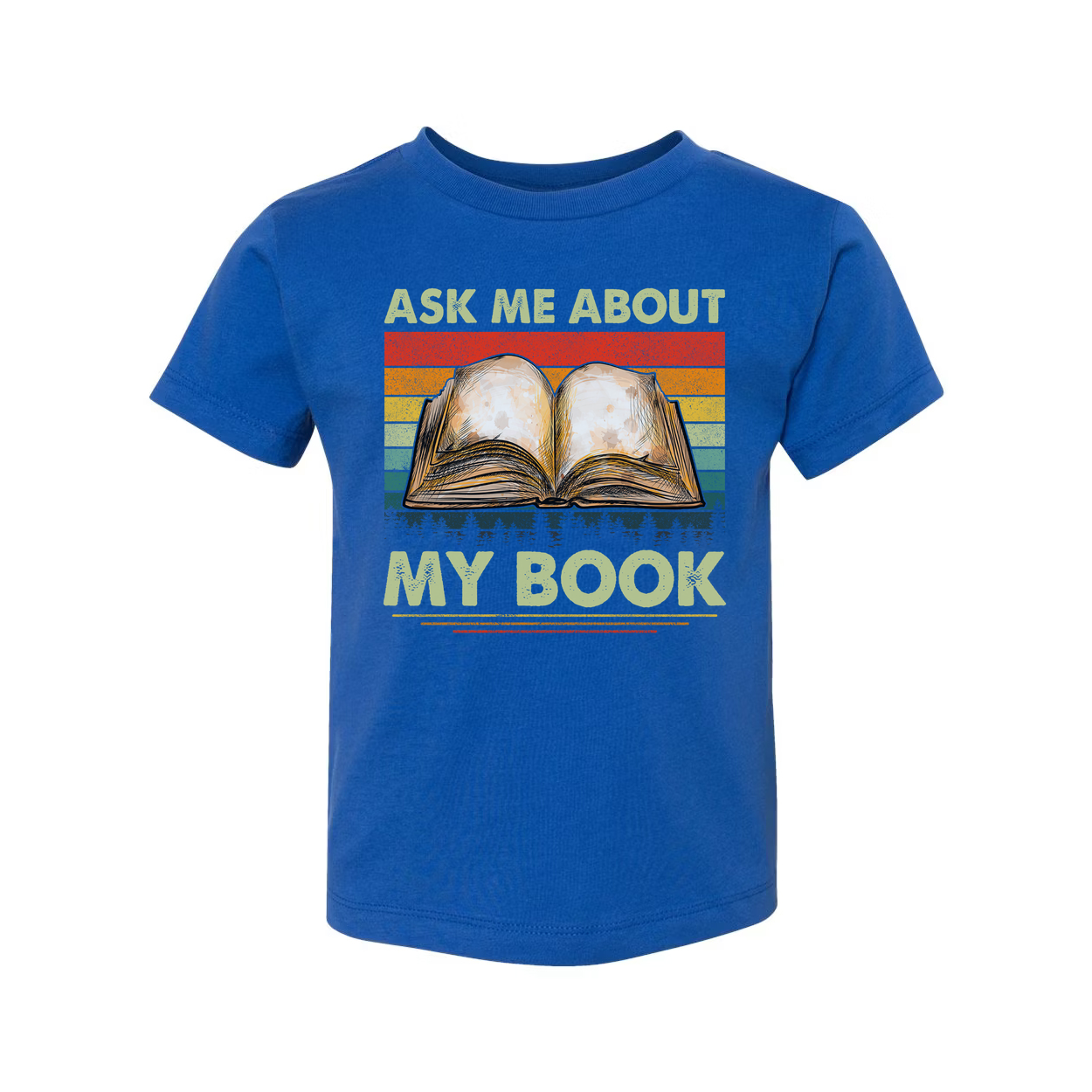 Unisex Tee With Open Book Illustration And Retro Rainbow Stripes Featuring Ask Me About My Book