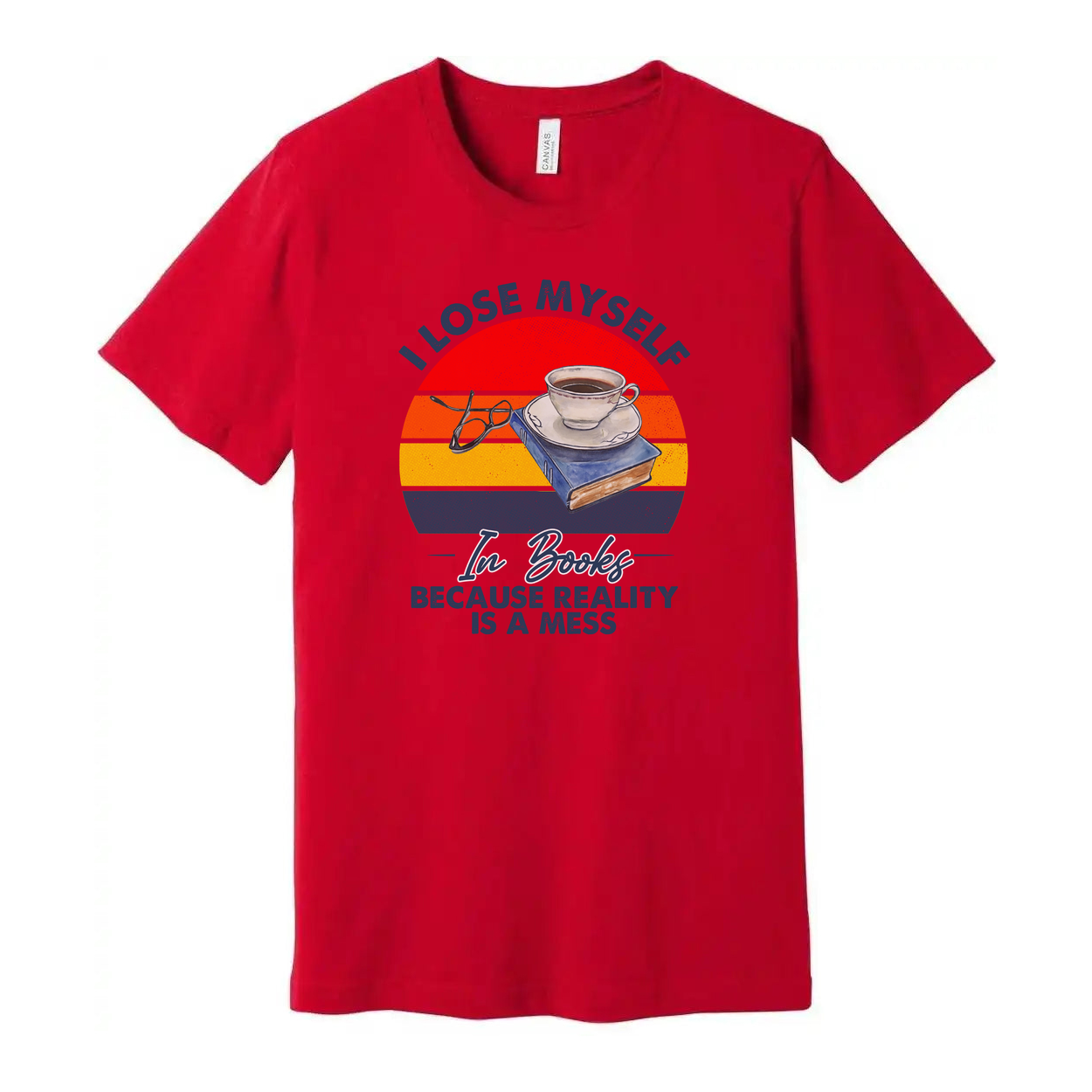 I Lose Myself In Books Graphic Tee Unisex With Coffee Cup Stacked Books And Retro Rainbow Sunset Background