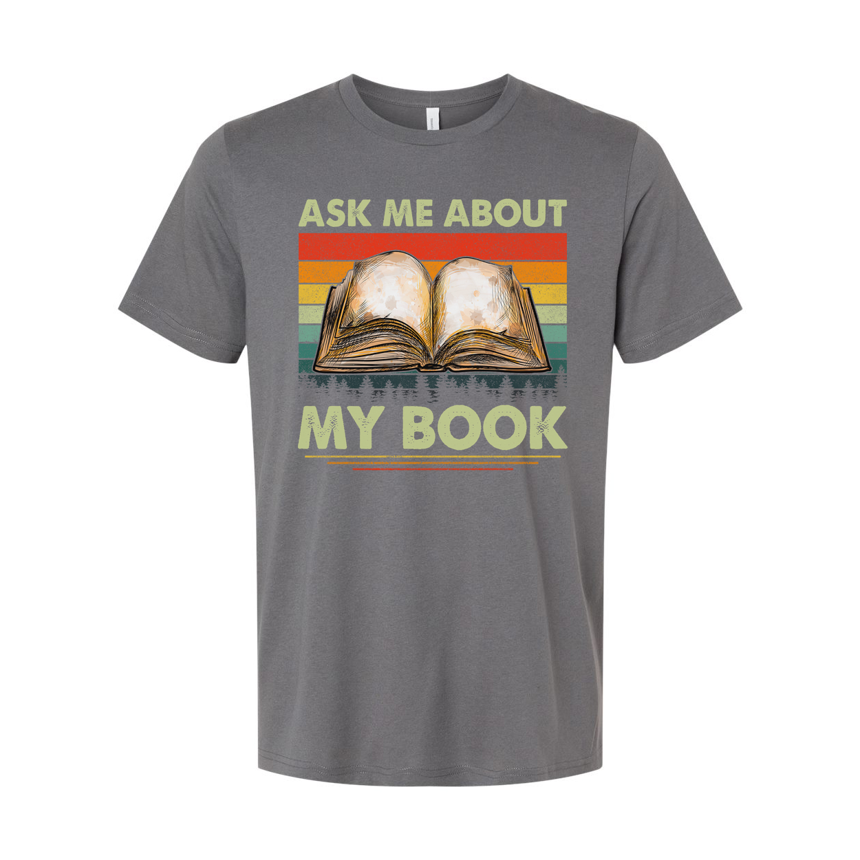 Unisex Tee With Open Book Illustration And Retro Rainbow Stripes Featuring Ask Me About My Book