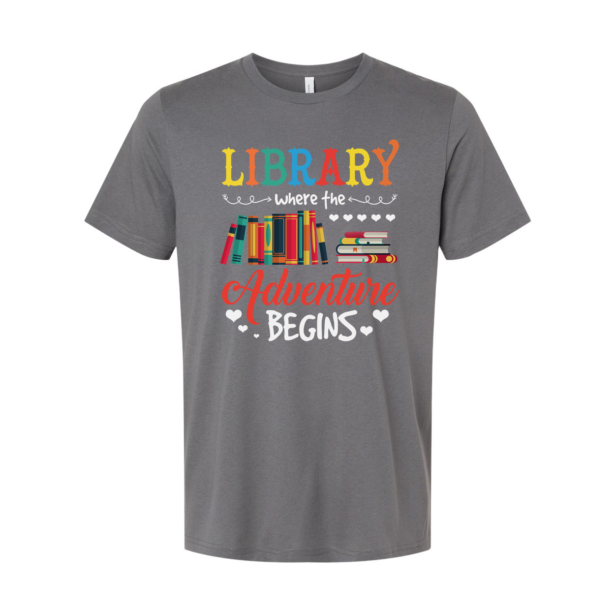 Unisex Library Adventure Graphic Tee With Colorful Books Stack And Hearts Design