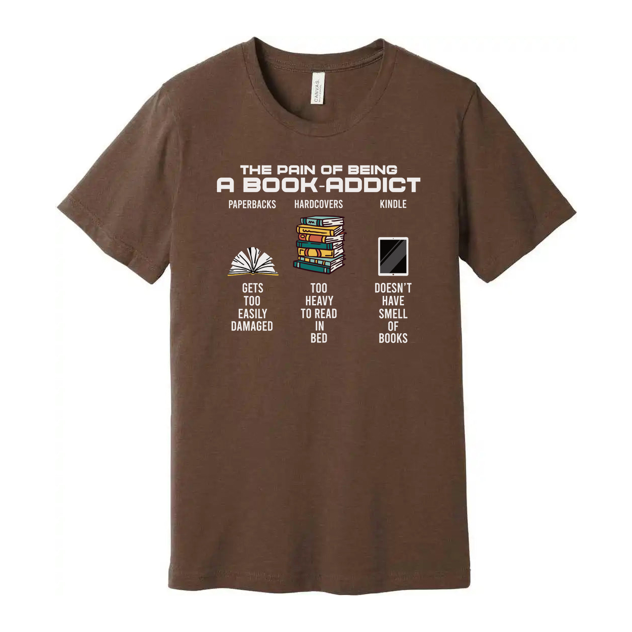 The Pain of Being a Book Addict Graphic Tee With Paperbacks, Hardcovers and Kindle Icons