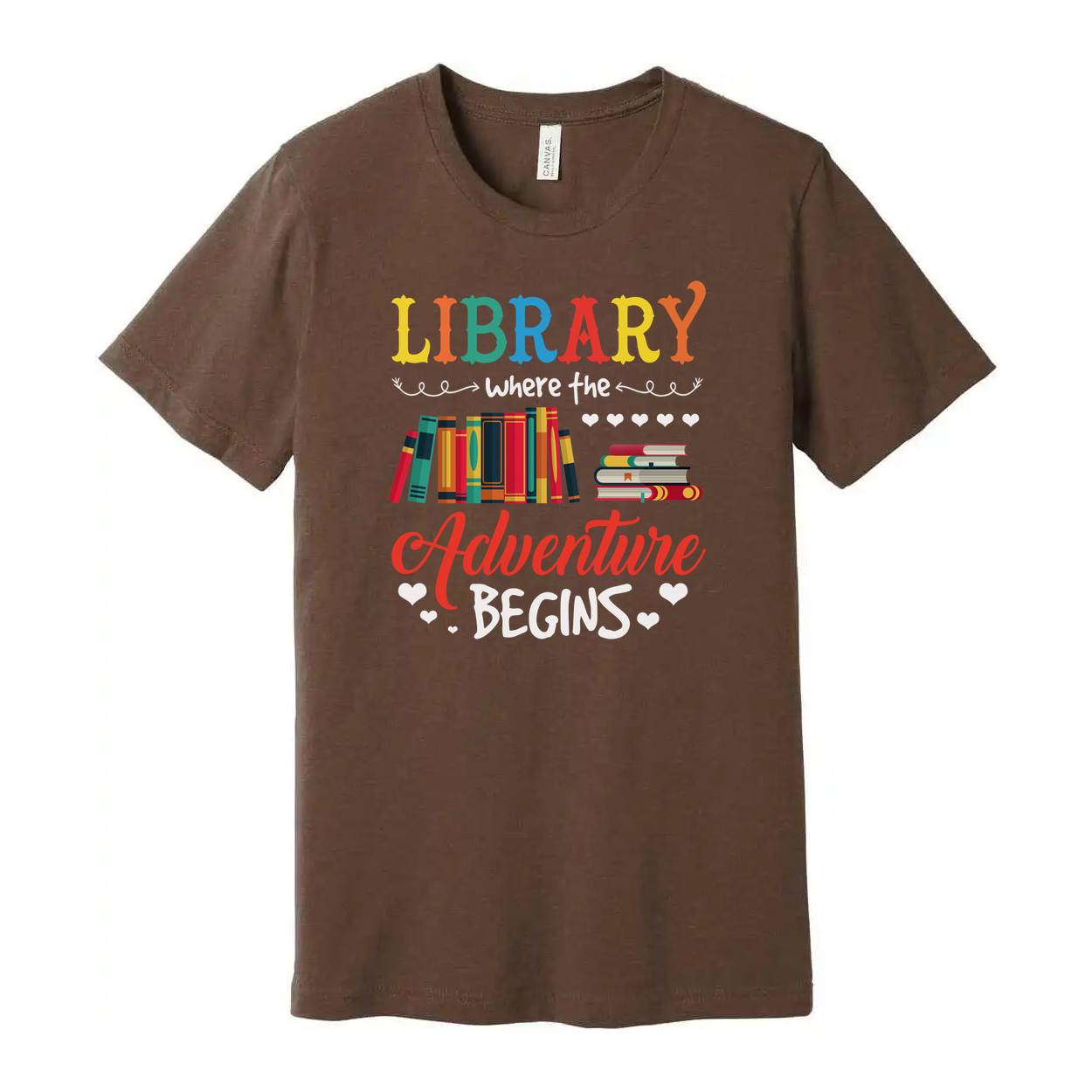 Unisex Library Adventure Graphic Tee With Colorful Books Stack And Hearts Design