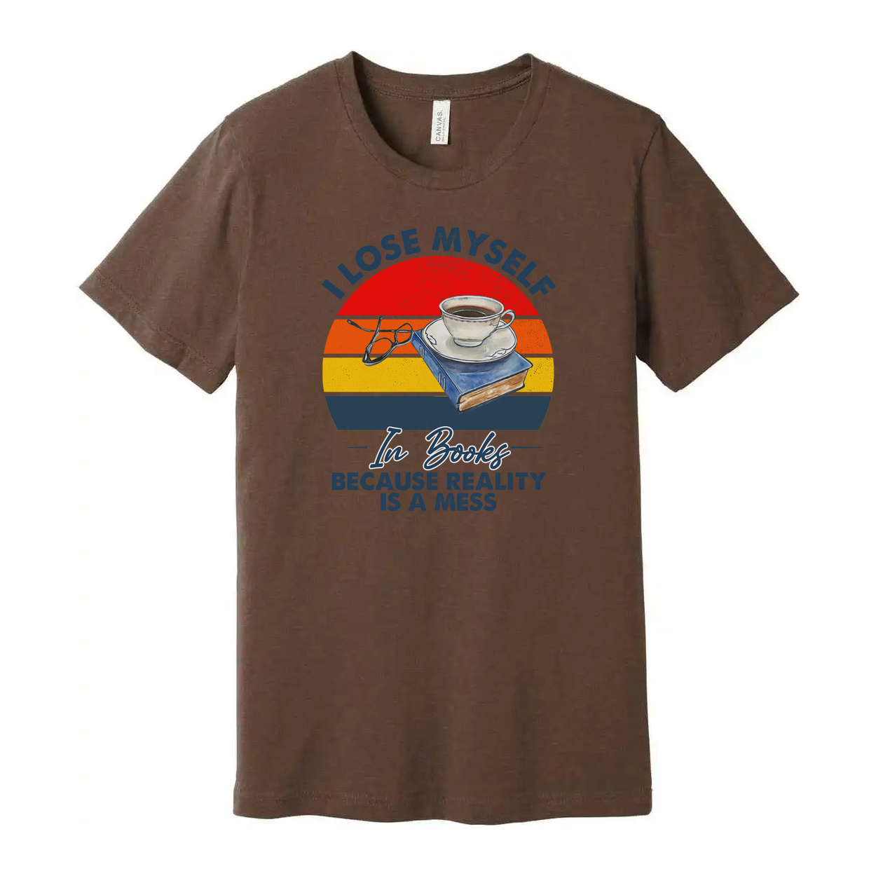 I Lose Myself In Books Graphic Tee Unisex With Coffee Cup Stacked Books And Retro Rainbow Sunset Background