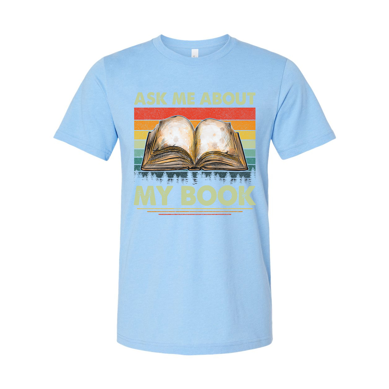 Unisex Tee With Open Book Illustration And Retro Rainbow Stripes Featuring Ask Me About My Book