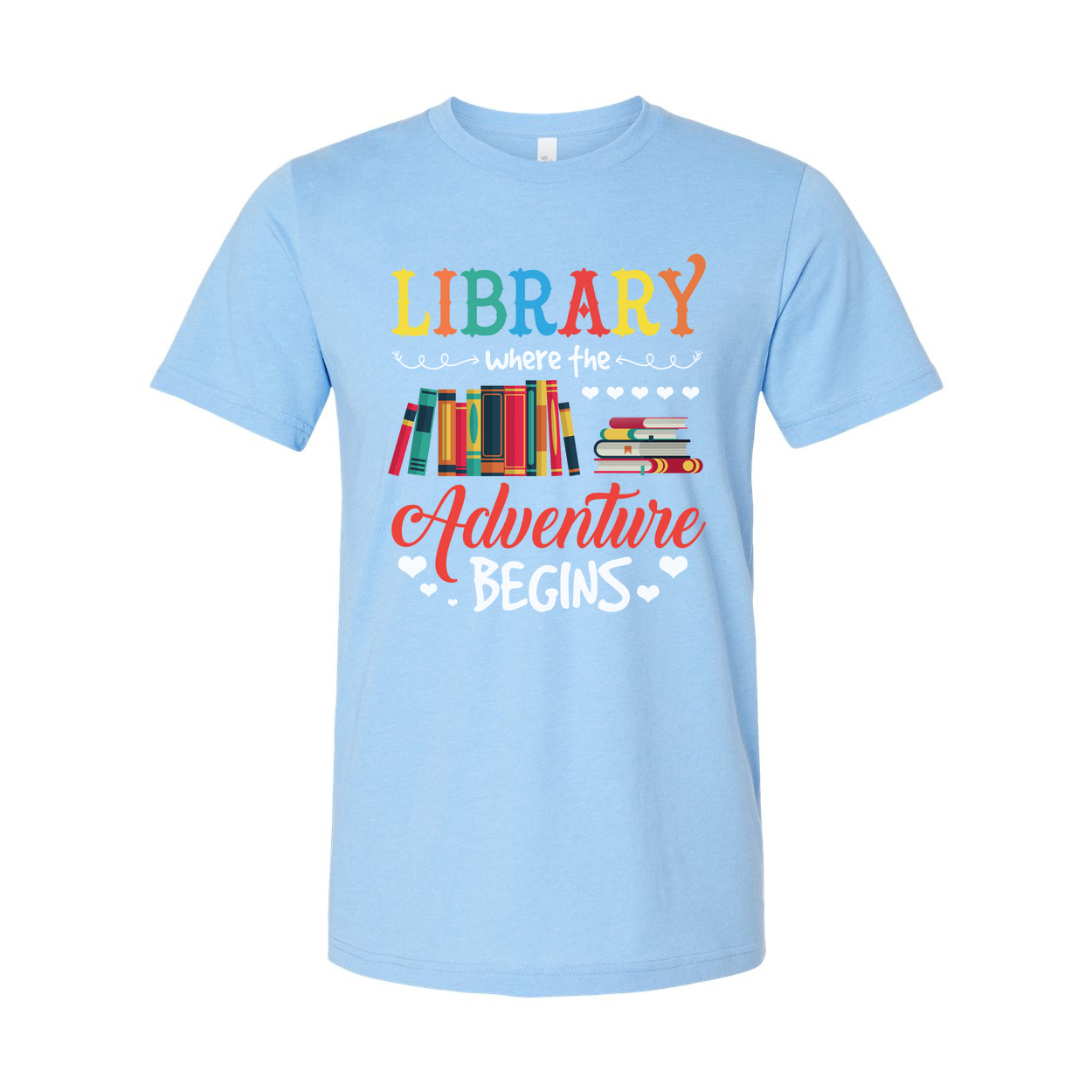 Unisex Library Adventure Graphic Tee With Colorful Books Stack And Hearts Design