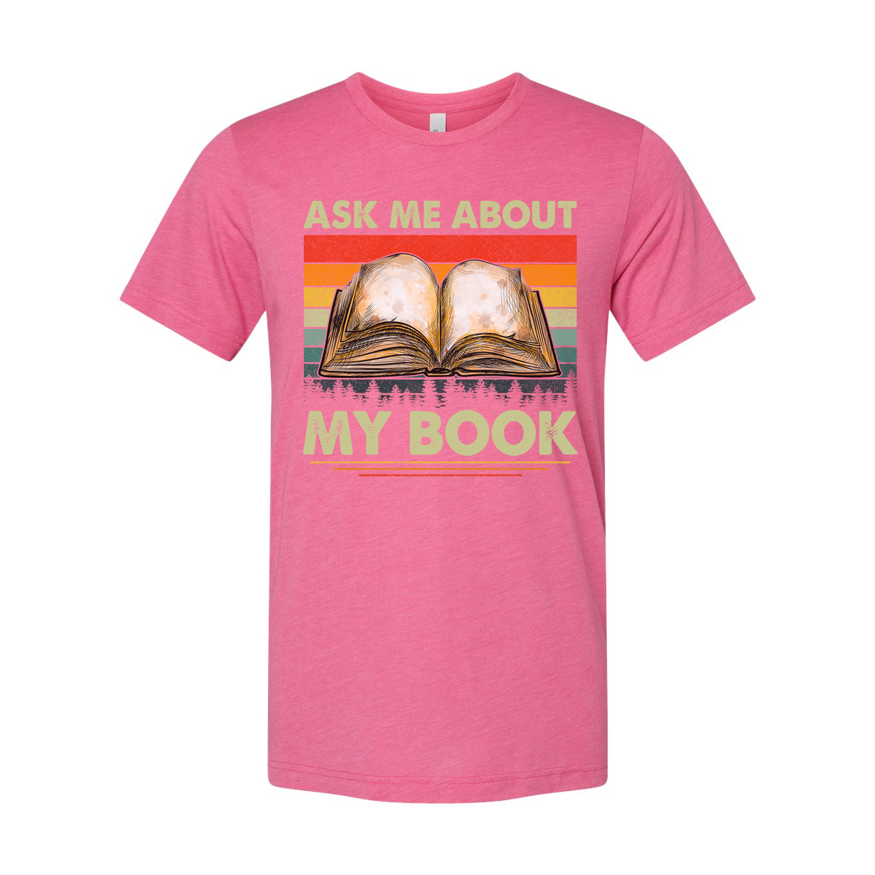 Unisex Tee With Open Book Illustration And Retro Rainbow Stripes Featuring Ask Me About My Book