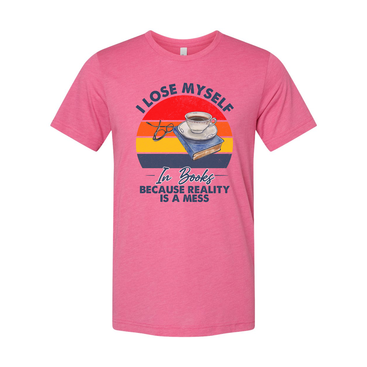 I Lose Myself In Books Graphic Tee Unisex With Coffee Cup Stacked Books And Retro Rainbow Sunset Background
