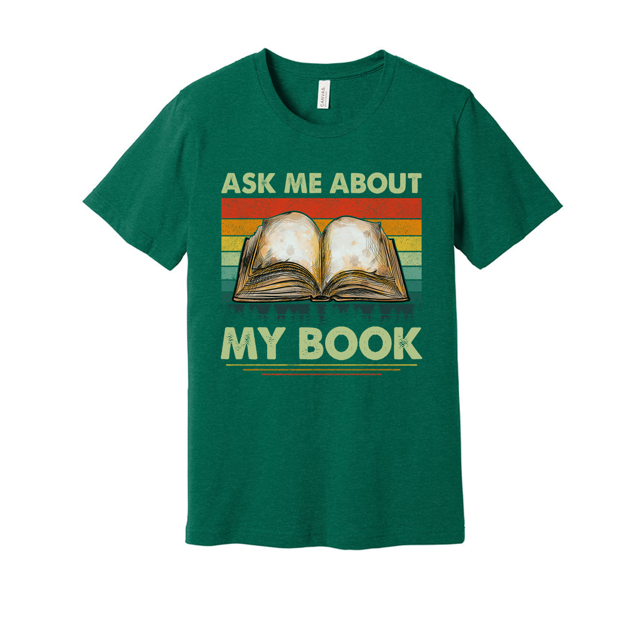 Unisex Tee With Open Book Illustration And Retro Rainbow Stripes Featuring Ask Me About My Book
