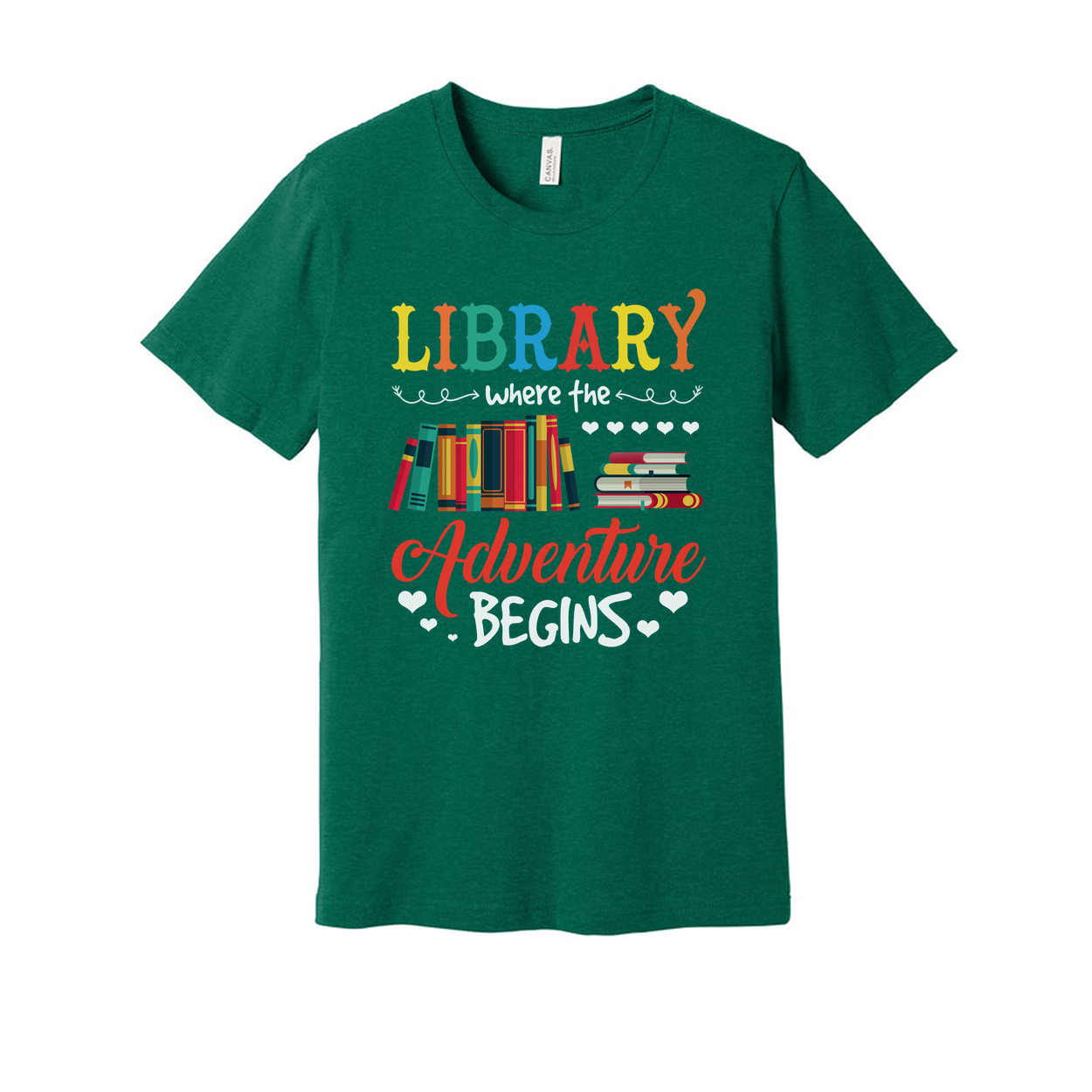 Unisex Library Adventure Graphic Tee With Colorful Books Stack And Hearts Design