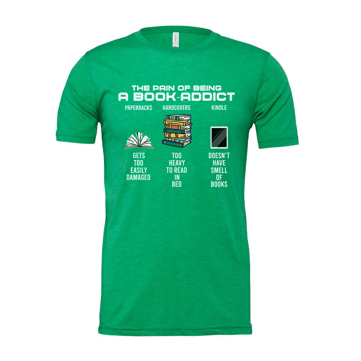 The Pain of Being a Book Addict Graphic Tee With Paperbacks, Hardcovers and Kindle Icons