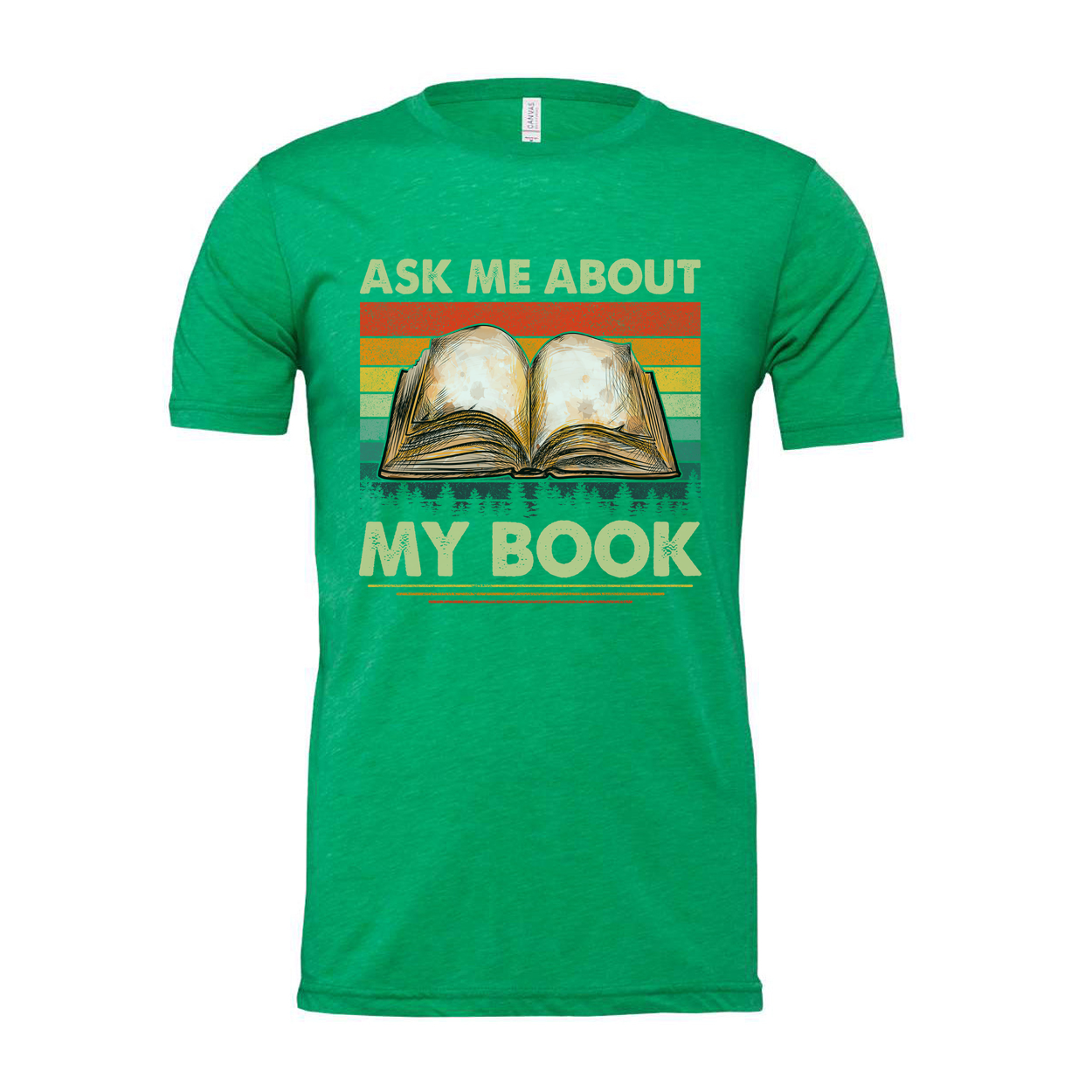 Unisex Tee With Open Book Illustration And Retro Rainbow Stripes Featuring Ask Me About My Book