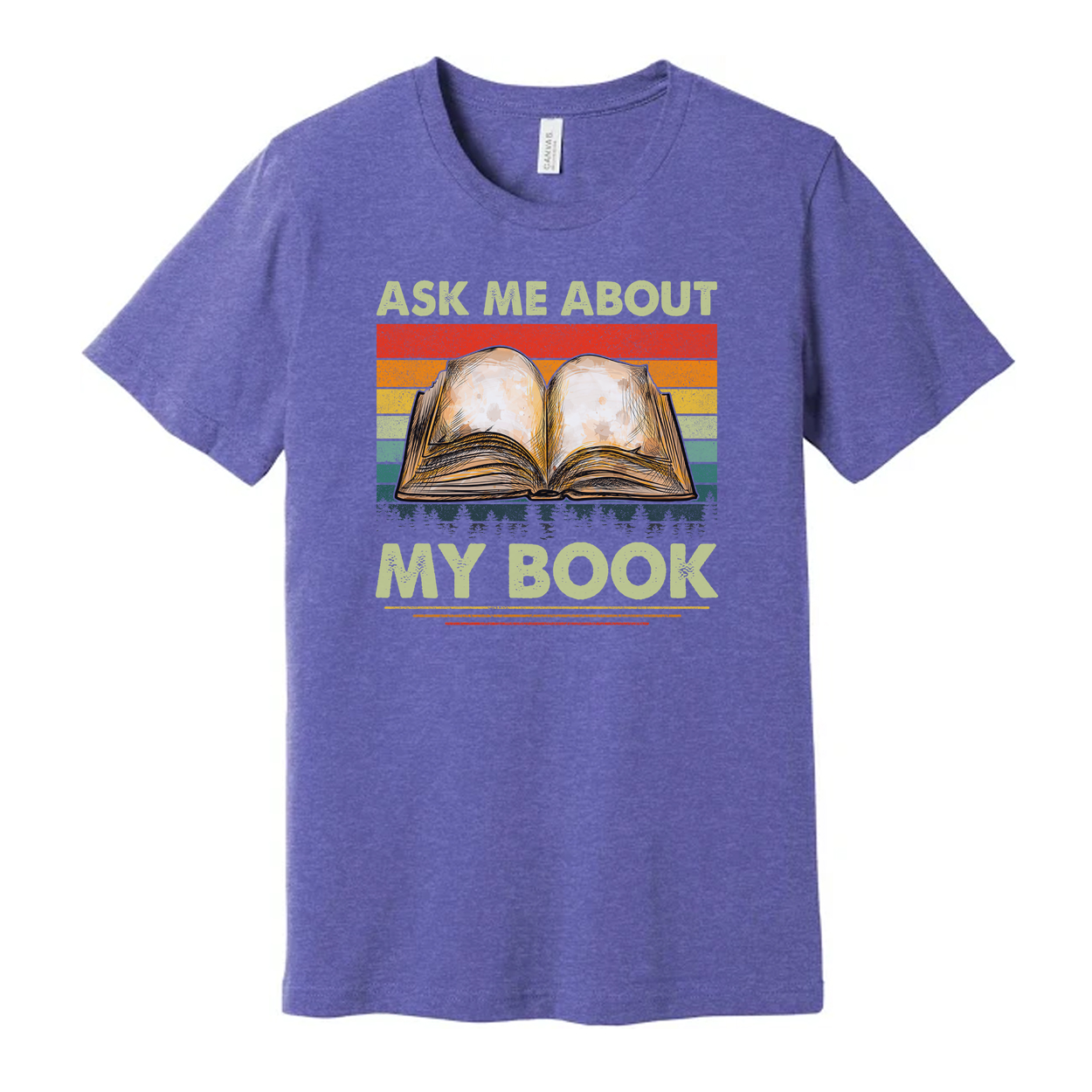Unisex Tee With Open Book Illustration And Retro Rainbow Stripes Featuring Ask Me About My Book
