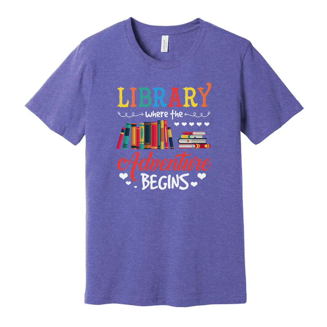 Unisex Library Adventure Graphic Tee With Colorful Books Stack And Hearts Design