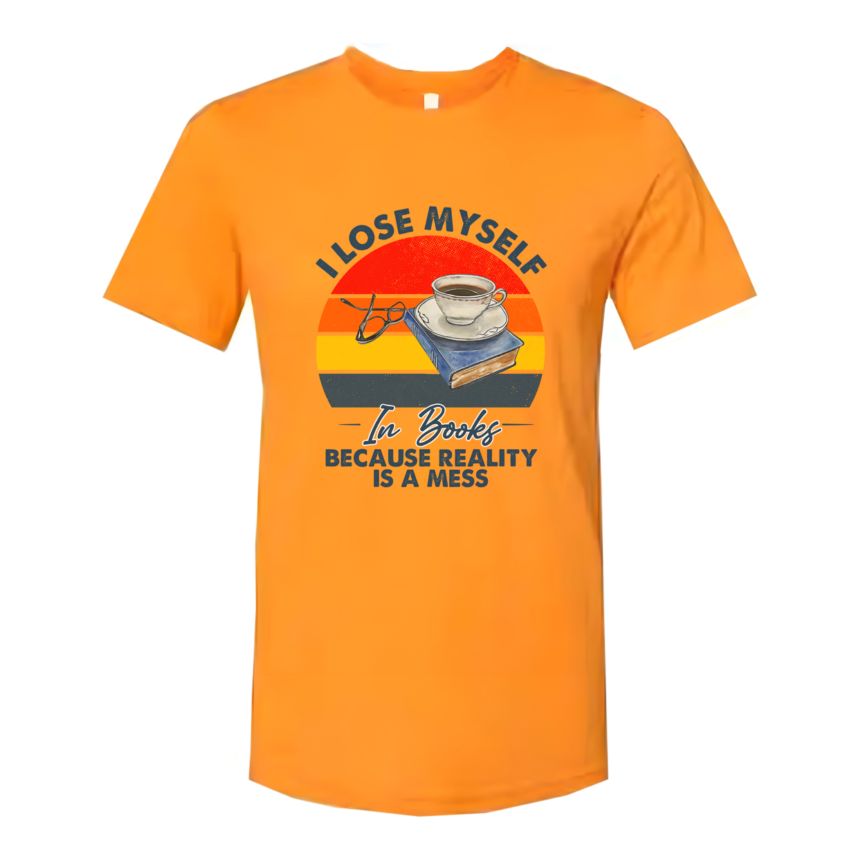 I Lose Myself In Books Graphic Tee Unisex With Coffee Cup Stacked Books And Retro Rainbow Sunset Background