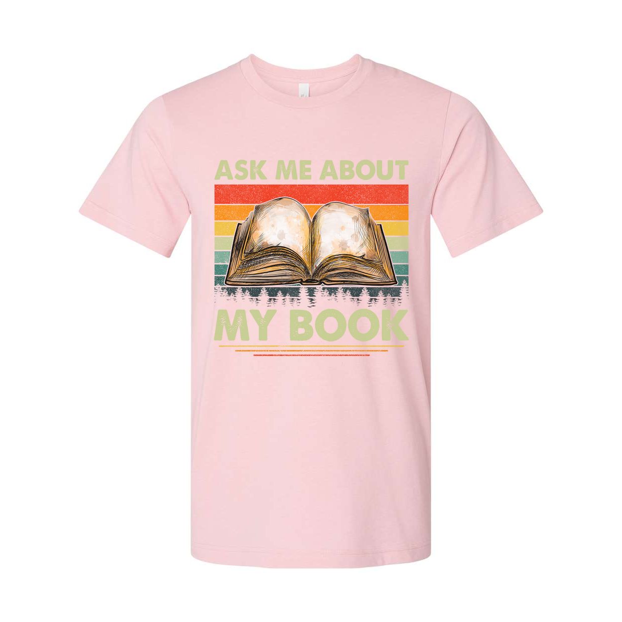 Unisex Tee With Open Book Illustration And Retro Rainbow Stripes Featuring Ask Me About My Book