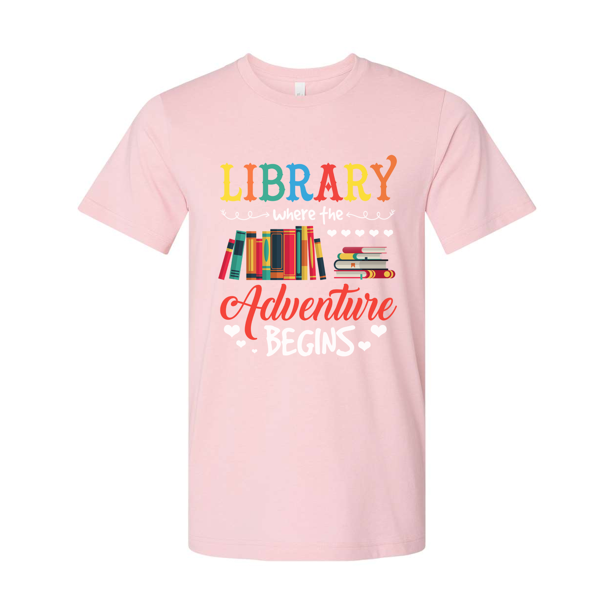 Unisex Library Adventure Graphic Tee With Colorful Books Stack And Hearts Design